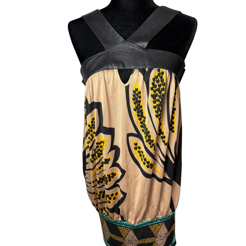 Marciano Silk and Leather halter Floral Black and Tan Dress - Picture 3 of 13